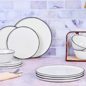 Set Vesela 12 piese - Serviciu Esential de masa 4 persoane, Boluri, Farfurii intinse, gresie ceramica - colectia PURE Alb Zapada - Img 2