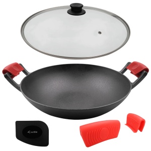 Tigaie Wok din Fontă Pre-Asezonată 6.5L – Crucible Cookware, 36 cm, cu Capac Sticlă, Suporturi Silicon și Racletă Curățare - Img 5