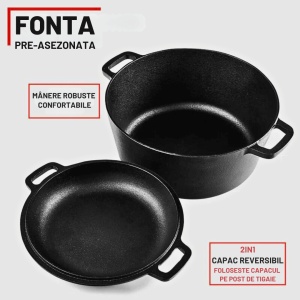 Ceaun din fonta cu capac 2in1, Uno Casa, tip cuptor olandez, oala 4.7L, tigaie 1.5L, pre-asezonat, suporturi din silicon termorezistent incluse - Img 5