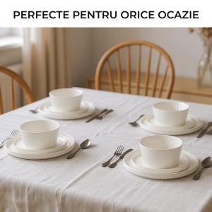 Serviciu de masa pentru 4 persoane, Set 12 piese Luxe, Boluri, Farfurii intinse, ceramica, alb - Img 6