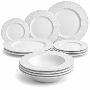 Serviciu de masa pentru 4 persoane, Set 12 piese Oasis White, Farfurii intinse/adanci, ceramica alba