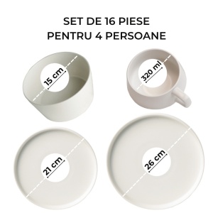 Serviciu de masa pentru 4 persoane, Set complet 16 piese Luxe, Cesti, Boluri, Farfurii intinse, ceramica, alb - Img 2
