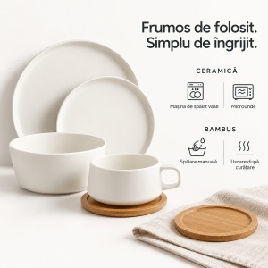 Serviciu de masa pentru 4 persoane, Set complet 16 piese Luxe, Cesti, Boluri, Farfurii intinse, ceramica, alb - Img 6