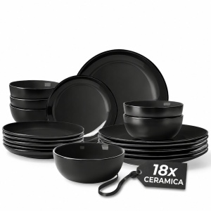 Serviciu de masa pentru 6 persoane, Set 18 piese Le Papillon, Boluri, Farfurii intinse, ceramica, negru