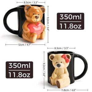 Set 2 Cani cuplu indragostiti, personalizate cu Ursuleti 3D, cadou original pentru el&ea, cafea/ceai, ceramica, negru, 350 ml - Img 2