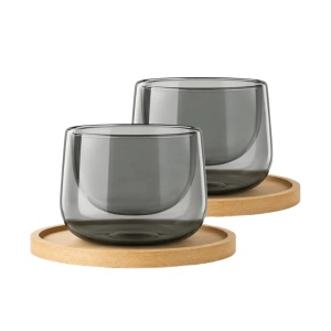 Set 2 pahare cappuccino Lagoa, perete dublu, sticlă gri, suport bambus, 180 ml