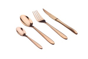 Set 24 Tacamuri inox KAJA, 6 persoane, 6 x Cutite, 6 x Linguri, 6 x Furculite, 6 x Lingurite, Otel inoxidabil, forme rotunjite, Cupru lucios - Img 1