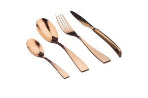 Set 24 Tacamuri inox SVEN, 6 persoane, 6 x Cutite, 6 x Linguri, 6 x Furculite, 6 x Lingurite, Otel inoxidabil, design ultra-modern, Cupru lucios - Img 1