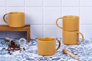 Set 4 Cani mari de cafea lunga, SCANDI Ocher, ceramica, 500ml, galben ocru - Img 2