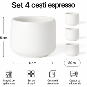 Set 4 Cesti cafea Espresso 80 ml, Nami alb, ceramica, fara toarta - Img 2