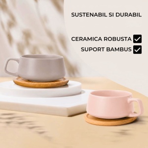 Set 4 Cesti de cappuccino cu farfurie din bambus, colectia Luxe, ceramica, Cream Rose, 320 ml - Img 5