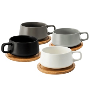 Set 4 Cesti de cappuccino cu farfurie din bambus, colectia Luxe, ceramica, gri, 320 ml