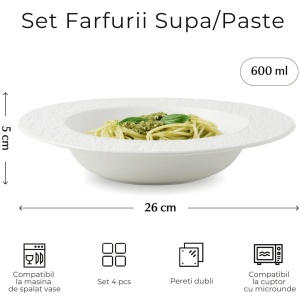 Set 4 Farfurii adanci supa, colectia Oasis, ceramica, alb, 600 ml - Img 2