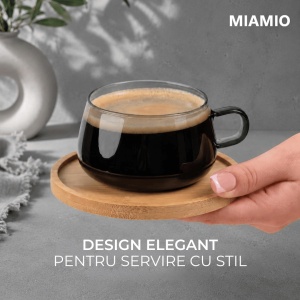 Set 4 Pahare de ceai cu farfurie din bambus, colectia Olea, sticla, gri transparent, 280 ml - Img 3