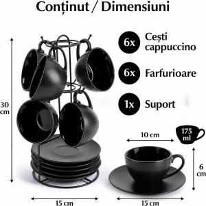 Set 6 Cesti de cappuccino cu farfurioara, Le Papillon Black, ceramica, 175 ml - Img 2