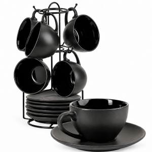 Set 6 Cesti de cappuccino cu farfurioara, Le Papillon Black, ceramica, 175 ml
