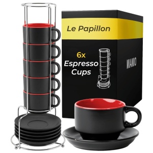 Set 6 Cesti de espresso cu farfurie, colectia Le Papillon, ceramica, rosu, 75 ml