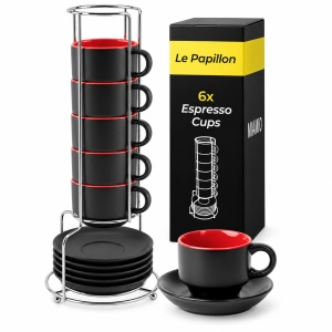 Set 6 Cesti espresso 75 ml cu farfurioare si suport, MIAMIO Le Papillon, rosu