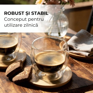 Set 6 Pahare Espresso Perete dublu, Sticla borosilicata, fara Toarta, cu Suport din Bambus, 100ml - Img 6