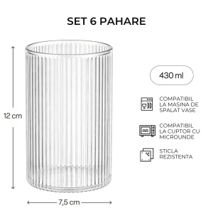 Set 6 Pahare Senita pentru apa si long drink, sticla cu caneluri, H 12 cm, 430 ml - Img 2