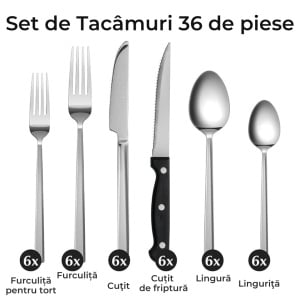 Set Tacamuri pentru 6 persoane, 36 piese cu cutit, furculita, lingura, inox 18/10, argintiu lucios - Img 2