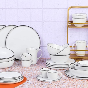Set Vesela 32 piese - Serviciu Complet de masa 4 persoane, Cani/Cesti, Boluri, Farfurii intinse/adanci, gresie ceramica - colectia PURE Alb Zapada - Img 2