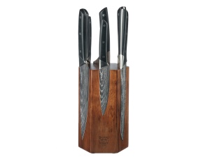 Suport pentru cutite IMATRA + Set 6 Cutite de bucatarie ERLING, lama otel de damasc cu maner ABS negru mat - Img 1