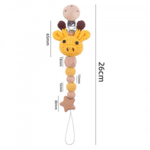 Lant suzeta bebelusi, Babynio, dentitie, forma girafa crosetata, din silicon si lemn de fag natural, cu clips
