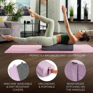 Perna Yoga, Victorem, suport meditatie, dreptunghiulara, 63 cm, 2 huse detasabile cu fermoar, lavabile, roz/gri, spuma 40D, ergonomica, curea Yoga inclusa