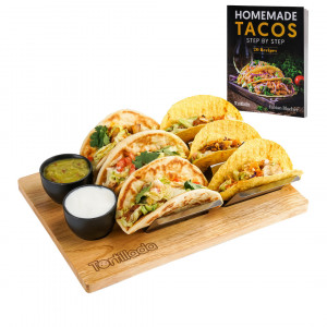 Platou servire 6 Taco, Tortillada, cu fund de lemn, dreptunghi 33 x 24 cm, compartimentat, 2 suporturi din inox, 2 boluri sos, carte cu 20 retete mexicane