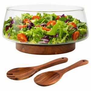 Salatiera din sticla MIAMIO, cu suport si tacamuri pentru salata din lemn de salcam, bol 3,5 L