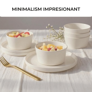 Serviciu de masa pentru 4 persoane, Set 12 piese Luxe, Boluri, Farfurii intinse, ceramica, alb - Img 3