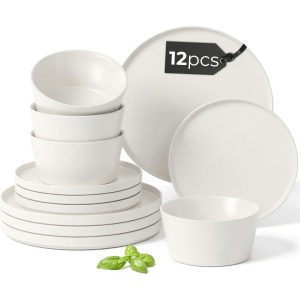 Serviciu de masa pentru 4 persoane, Set 12 piese Luxe, Boluri, Farfurii intinse, ceramica, alb