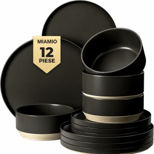 Serviciu de masa pentru 4 persoane, Set 12 piese Sierra Basalt, Boluri, Farfurii intinse, ceramica, antracit