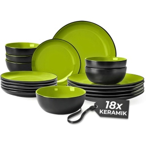 Serviciu de masa pentru 6 persoane, Set 18 piese Le Papillon, Boluri, Farfurii intinse, ceramica, verde