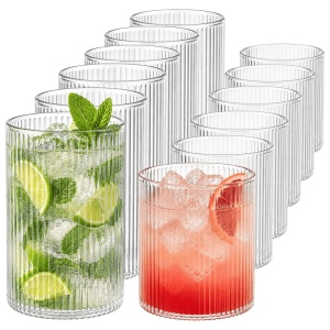 Set 12 Pahare Senita pentru apa si long drink, sticla cu caneluri, 6 x 280 ml, 6 x 430 ml