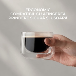 Set 2 pahare cappuccino Lagoa, perete dublu, sticlă borosilicată, suport bambus, 180 ml - Img 4