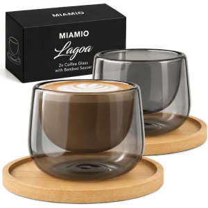 Set 2 pahare cappuccino Lagoa, perete dublu, sticlă gri, suport bambus, 180 ml - Img 8