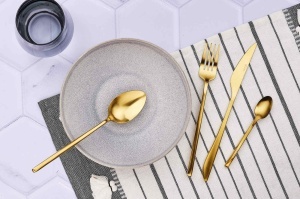 Set 24 Tacamuri inox OLAF, 6 persoane, 6 x Cutite, 6 x Linguri, 6 x Furculite, 6 x Lingurite, Otel inoxidabil, design rafinat, Auriu mat - Img 2
