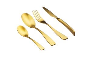 Set 24 Tacamuri inox SVEN, 6 persoane, 6 x Cutite, 6 x Linguri, 6 x Furculite, 6 x Lingurite, Otel inoxidabil, design ultra-modern, Auriu mat - Img 1