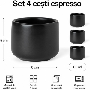 Set 4 Cesti cafea Espresso 80 ml, Nami negru, ceramica, fara toarta - Img 2