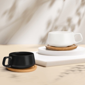 Set 4 Cesti de cappuccino cu farfurie din bambus, colectia Luxe, ceramica, gri, 320 ml - Img 5