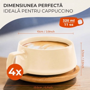 Set 4 Cesti de cappuccino cu farfurie din bambus, colectia Luxe, ceramica, Cream Rose, 320 ml - Img 2