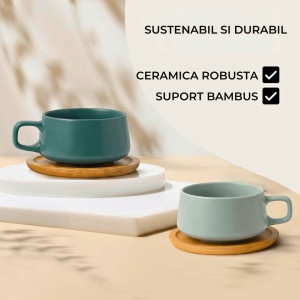 Set 4 Cesti de cappuccino cu farfurie din bambus, colectia Luxe, ceramica, Evergreen, 320 ml - Img 5