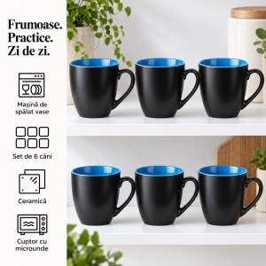 Set 6 Cani cafea si ceai MIAMIO Le Papillon, ceramica, 350 ml, interior albastru - Img 6