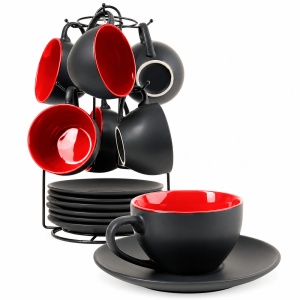 Set 6 Cesti de cappuccino cu farfurioara, Le Papillon Red, ceramica, 175 ml