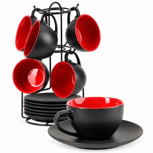 Set 6 Cesti de cappuccino cu farfurioara, Le Papillon Red, ceramica, 175 ml