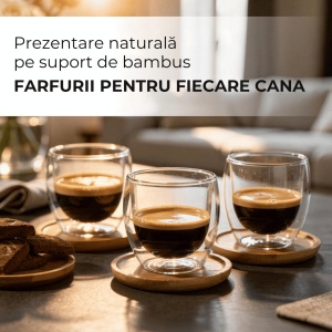 Set 6 Pahare Espresso Perete dublu, Sticla borosilicata, fara Toarta, cu Suport din Bambus, 100ml - Img 3