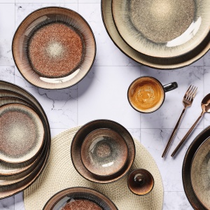 Set Vesela 48 piese - Serviciu Complet de masa 6 persoane, Cani/Cesti, Boluri, Farfurii intinse/adanci, ceramica glazurata - colectia Iris Wild brown - Img 8
