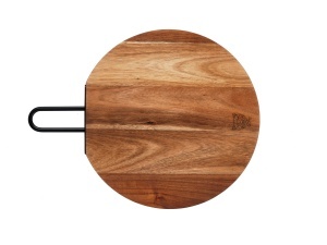 Tocător rotund de bucătărie din lemn de salcâm STINE, cu mâner inox ergonomic, Ø31 cm - Img 3